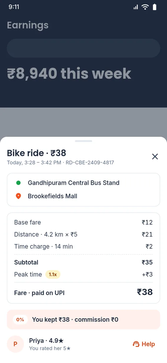 Tamil Taxi Driver app: a ₹38 bike ride's fare breakdown, with the driver keeping ₹38 and ₹0 commission